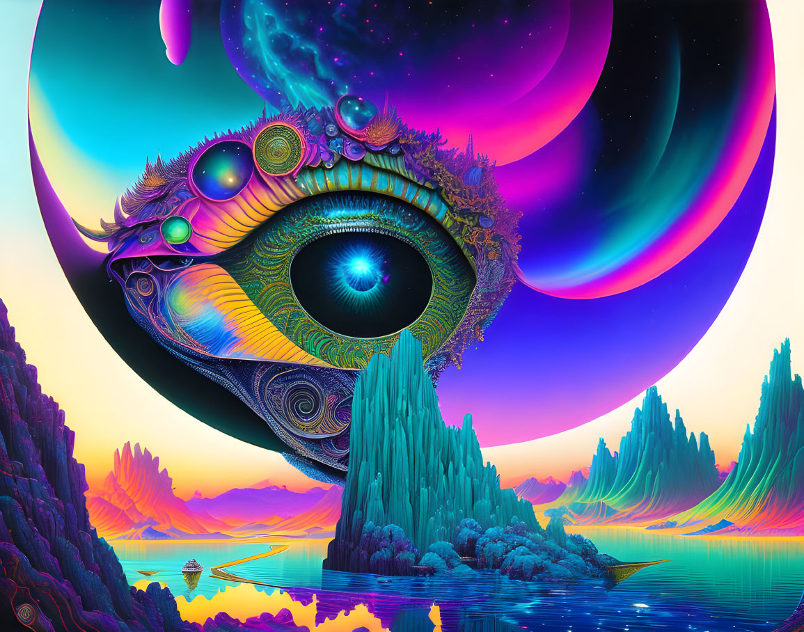 Colorful Psychedelic Eye in Surreal Landscape with Mountains & Celestial Bodies