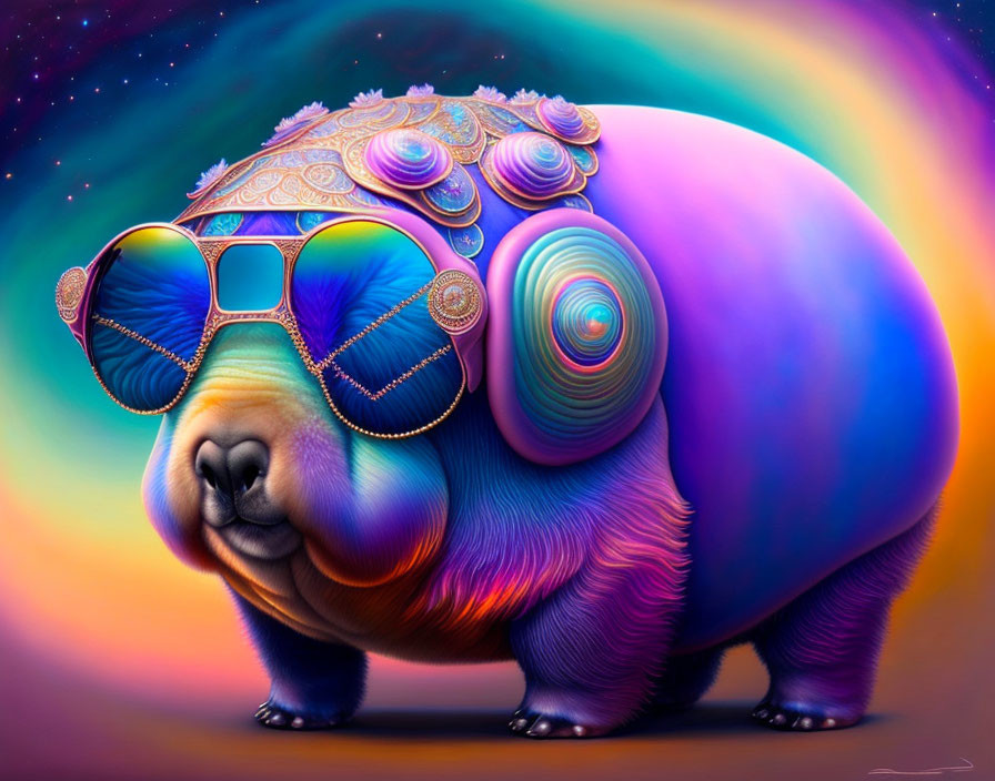 Colorful Hippopotamus Illustration with Psychedelic Patterns and Ornate Headgear