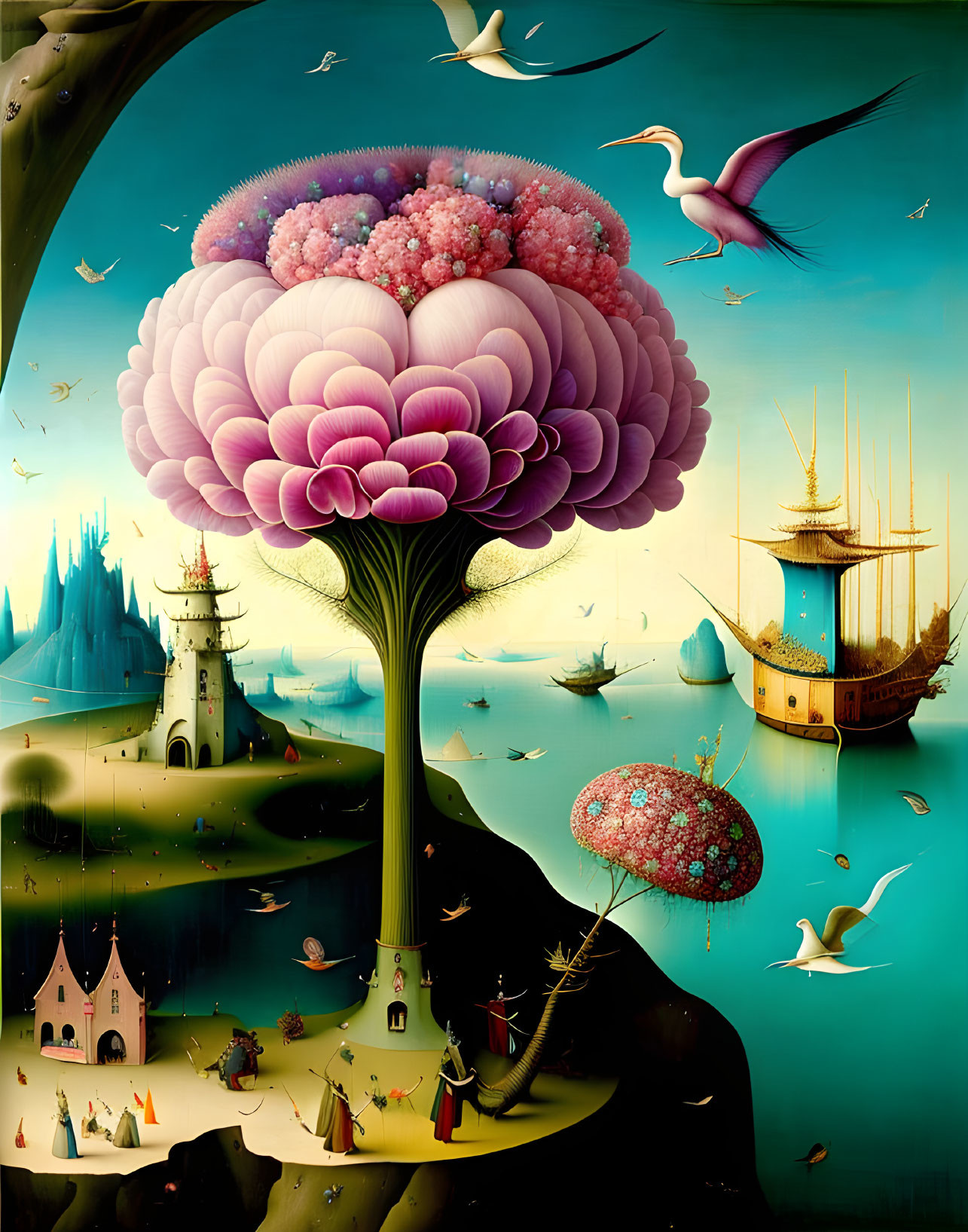 Colorful surreal painting: Large tree with layered petals, whimsical landscapes, castles, ships,