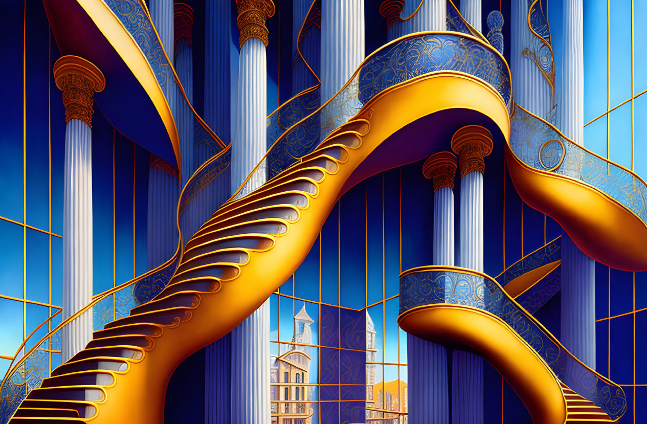 Golden spiraling staircases, ornate blue pillars, and intricate patterns in a fantastical setting.