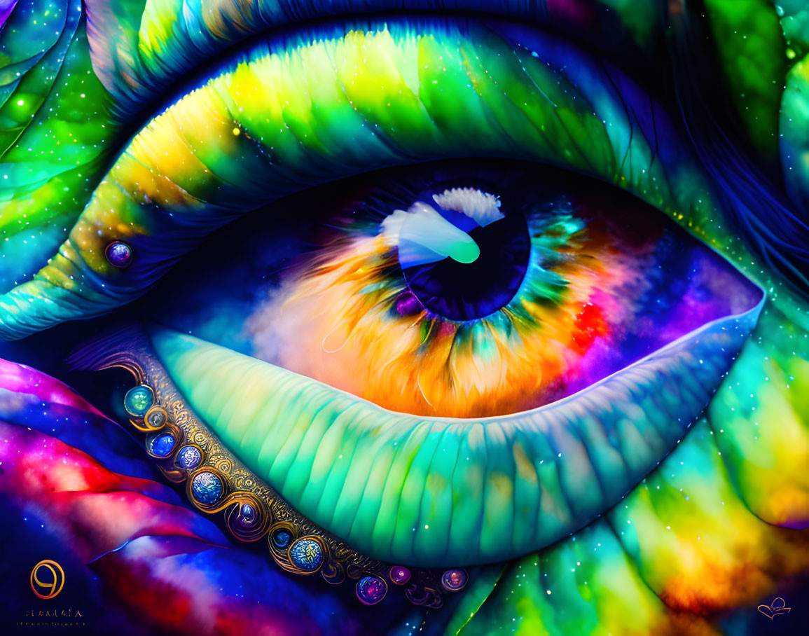 Colorful Human Eye Artwork with Jewel Embellishments in Cosmic Theme