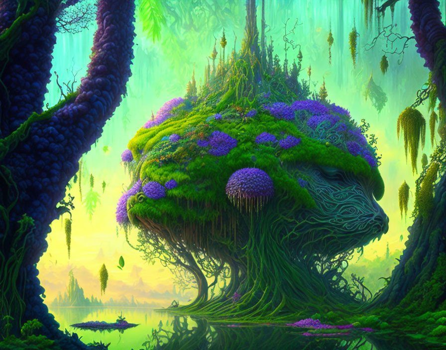 Majestic enchanted forest with turtle-shaped island and purple flora