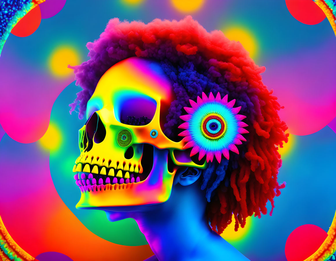 Colorful skull with mechanical eye and gear on psychedelic background