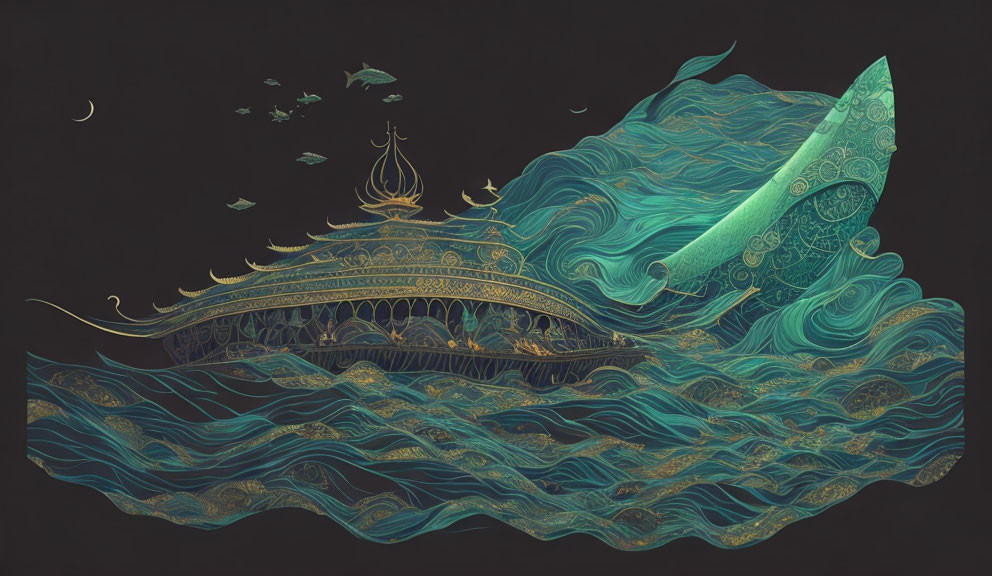 Stylized ornate ship sailing on patterned seas at night