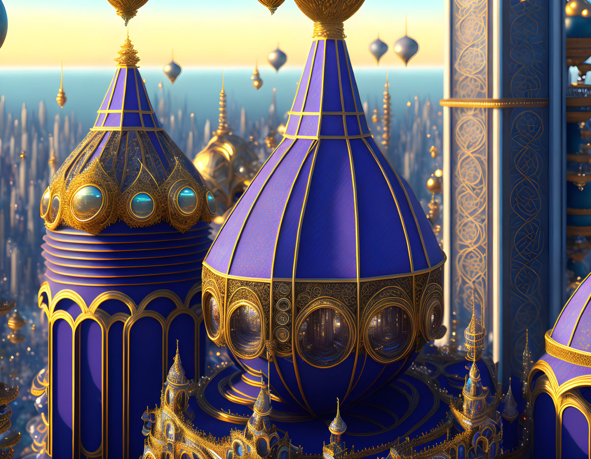 Detailed CG image of blue and gold domed towers in futuristic cityscape