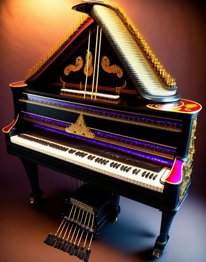 Ornate Grand Piano with Gold Detailing on Amber Background