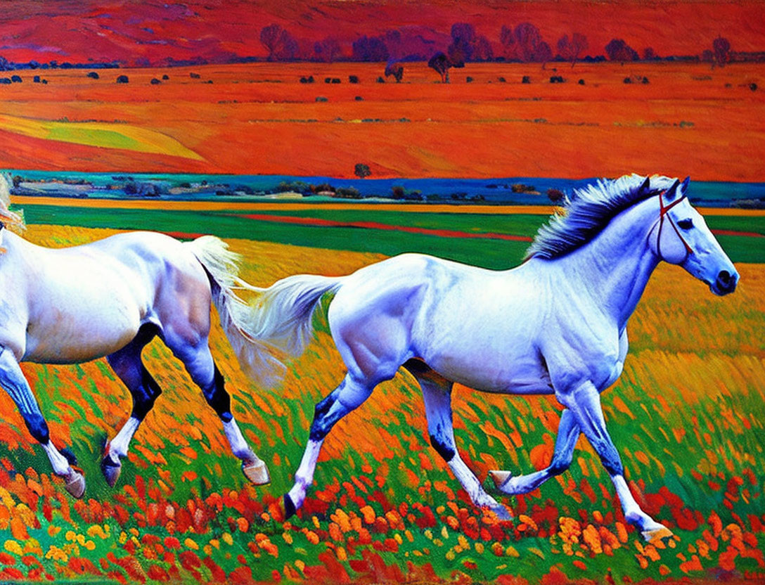 White Horses Galloping in Vibrant Field with Orange Flowers