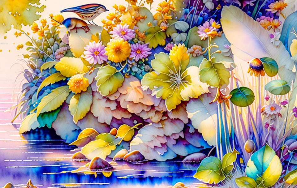 Colorful garden scene with flowers, bird, and reflective water.