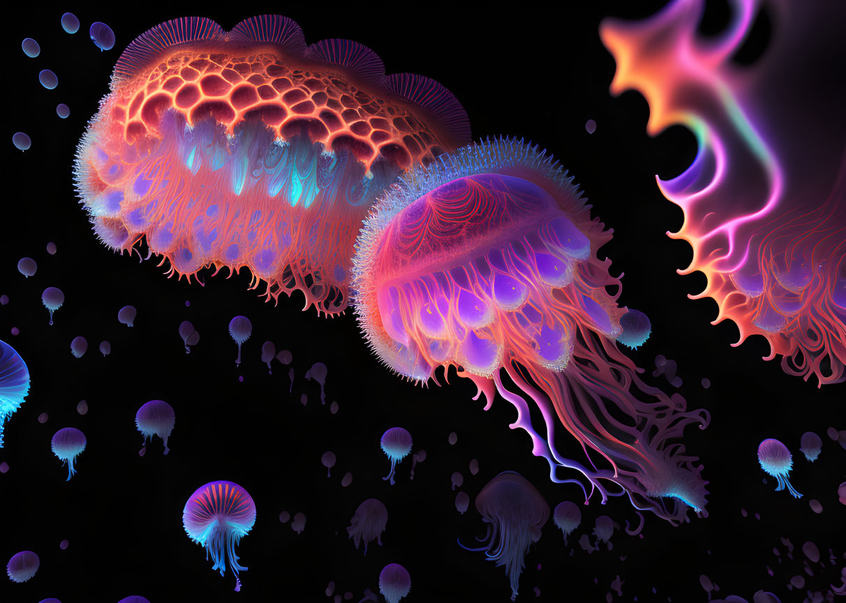 Vibrant digital art of glowing jellyfish in dark underwater scene