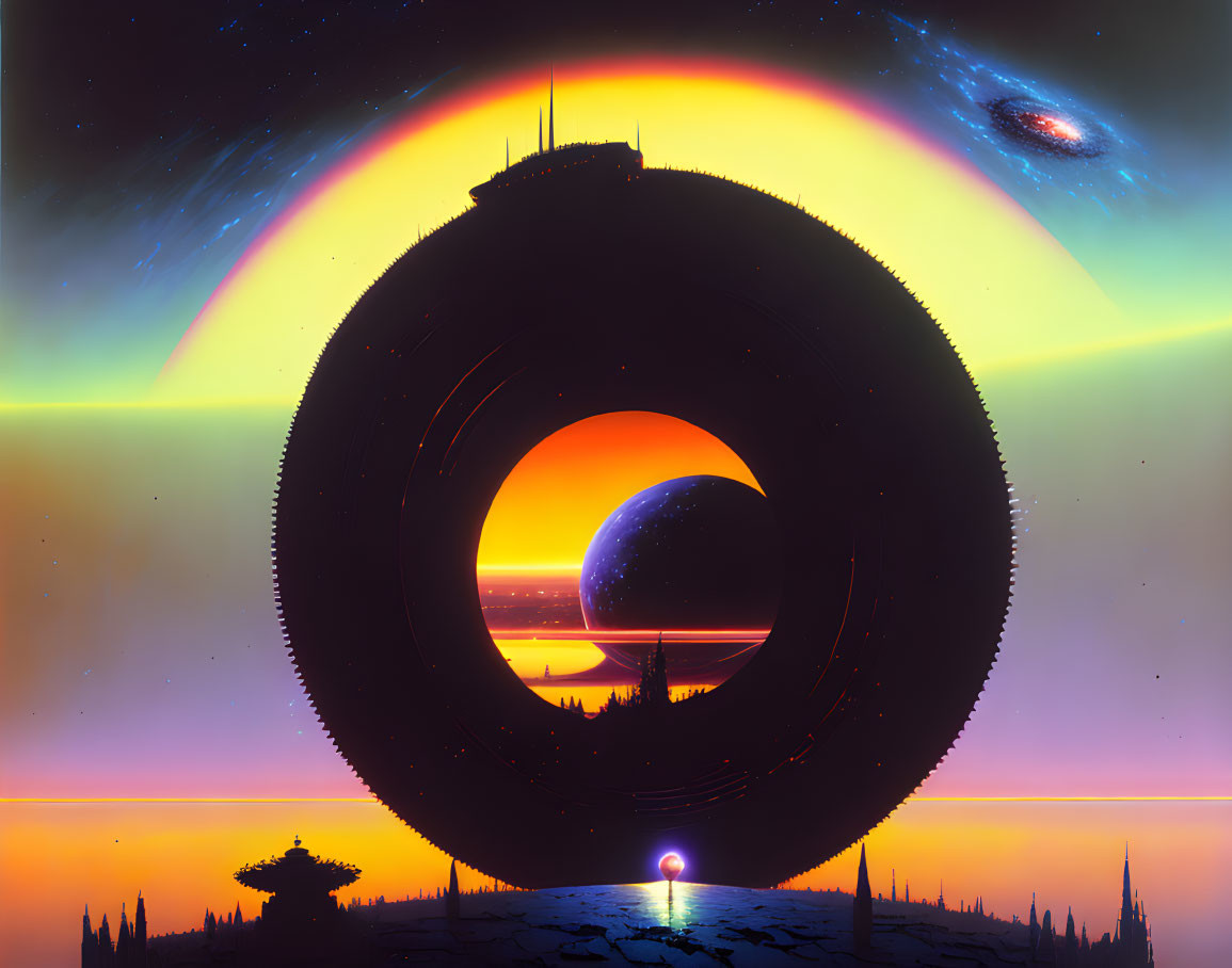 Sci-fi landscape with giant ring, sunset, planets, galaxy, futuristic buildings