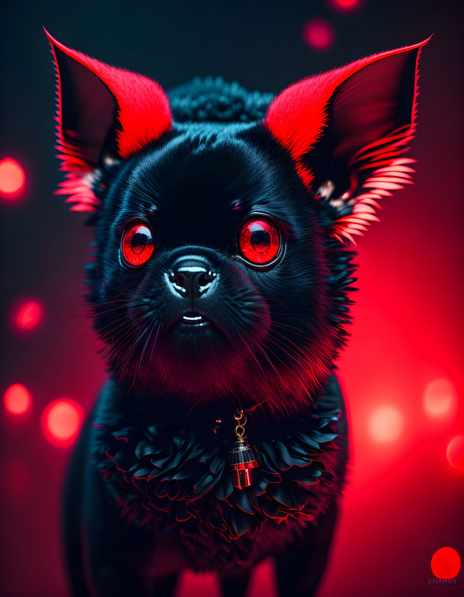 Black fantasy creature with red eyes, ears, and bell in digital artwork