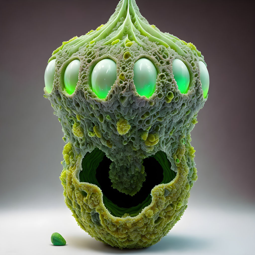 Fantastical green 3D render with luminous eyes & gaping mouth