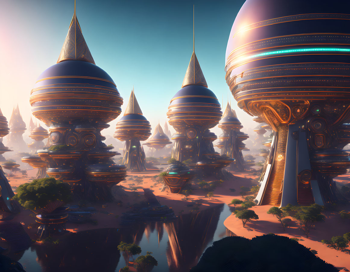 Futuristic cityscape with towering dome-topped buildings in desert landscape