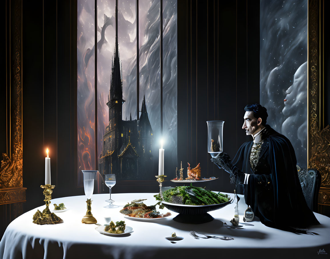 Gothic-style banquet scene with elegant man, castle view, and night sky.