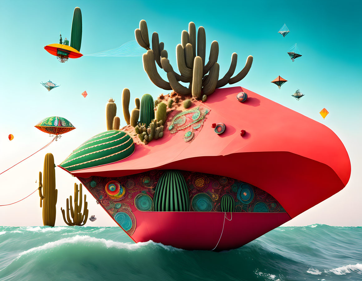 Oversized red flip-flop with cacti and kites in surreal seascape