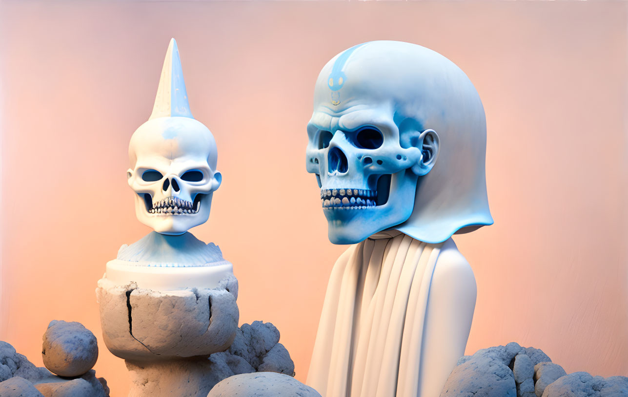 Stylized skull sculptures on pastel background with cone hat and draped design