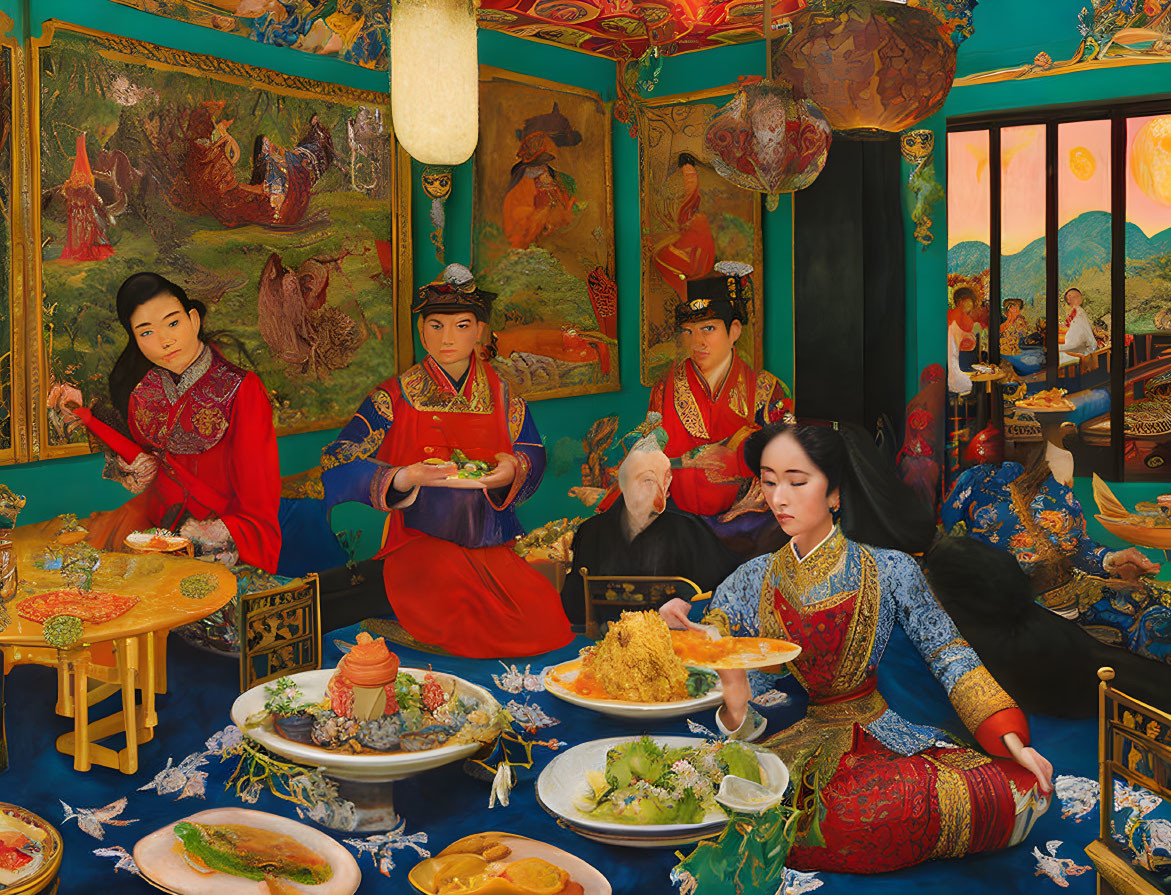 Colorful Traditional Asian Dining Scene with People in Vibrant Attire & Elaborate Dishes