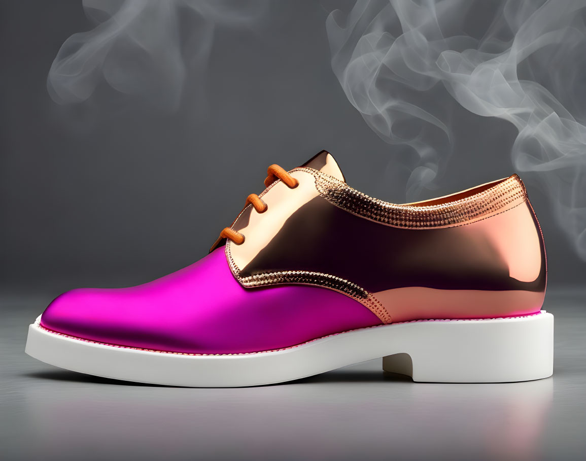 Pink and Bronze Oxford Shoe with Orange Laces on Reflective Surface