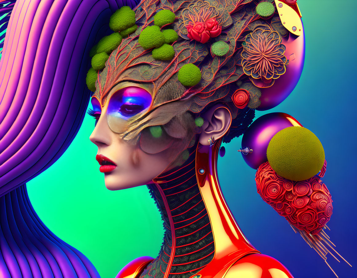 Colorful digital artwork: Stylized female figure with elaborate headgear on dual-tone background