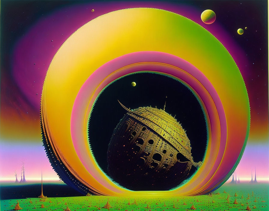 Colorful sci-fi landscape with domed city and alien flora under multi-colored rings.