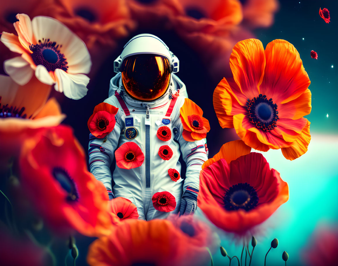 Astronaut in red poppy field with cosmic background