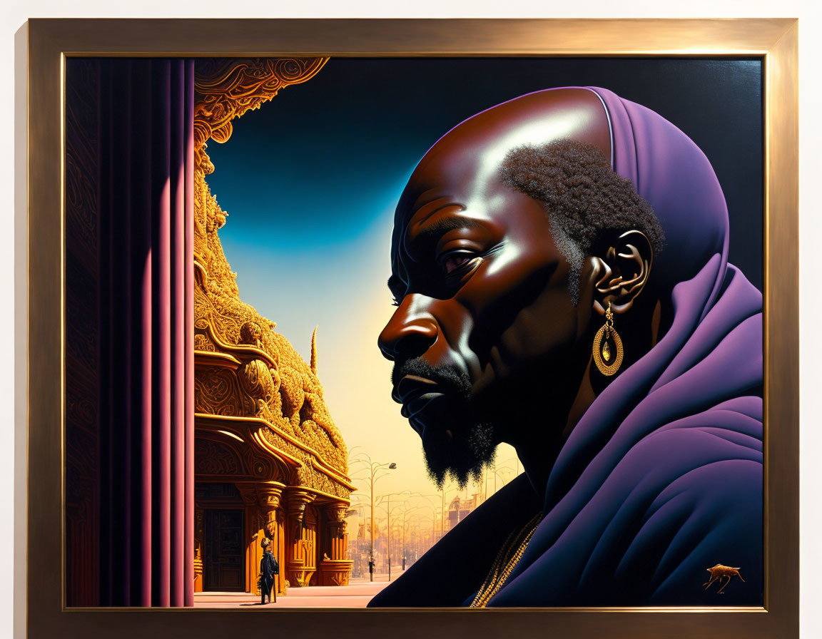 Stylized portrait of a man with purple head wrap and ornate golden architecture