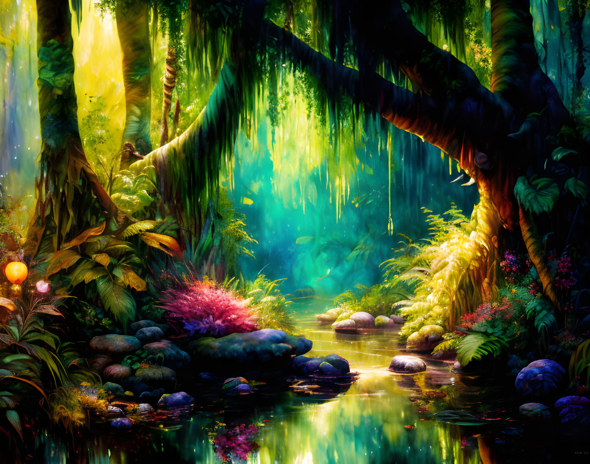 Serene pond and vibrant flora in enchanting forest scene