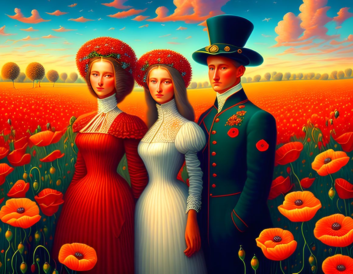 19th-century attire painting: Two women & man in poppy field at sunset