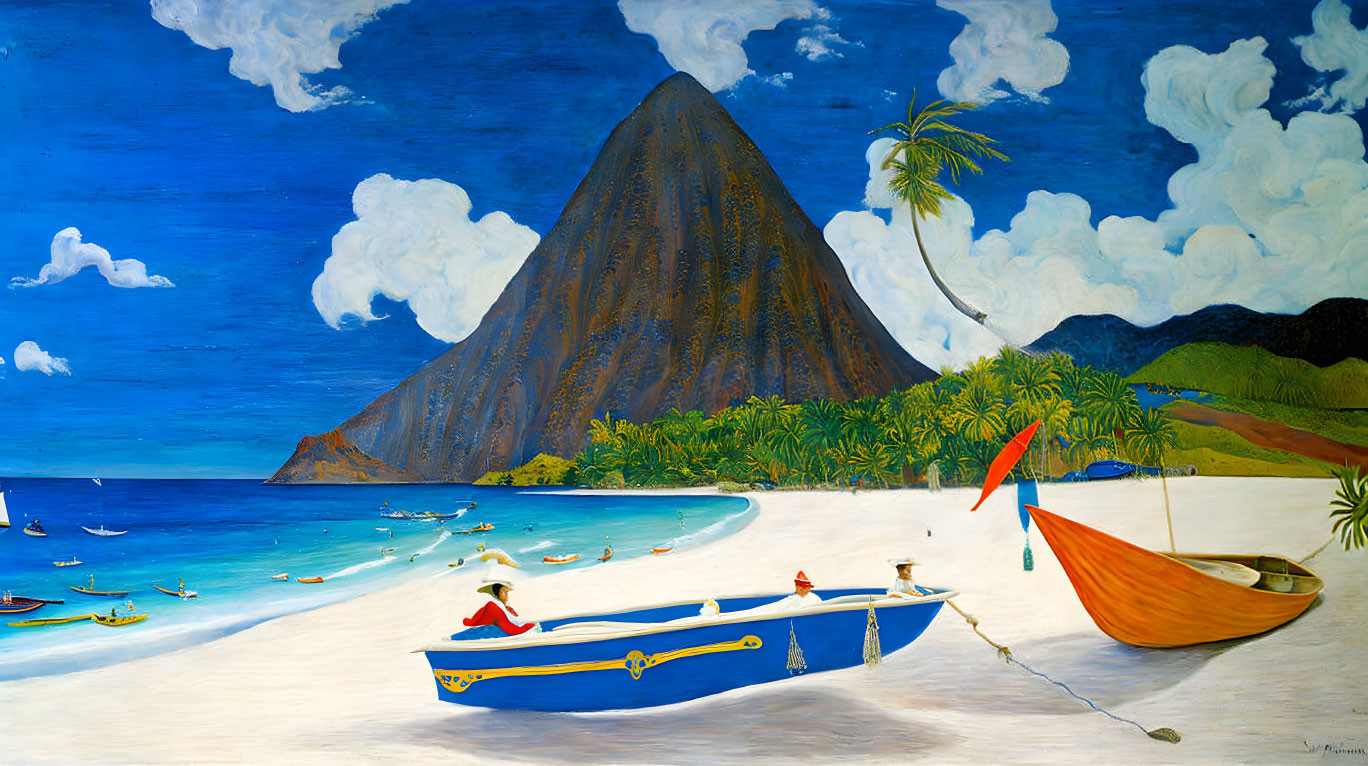 Tropical beach painting: boats, blue sea, sailboats, mountain, cloudy sky