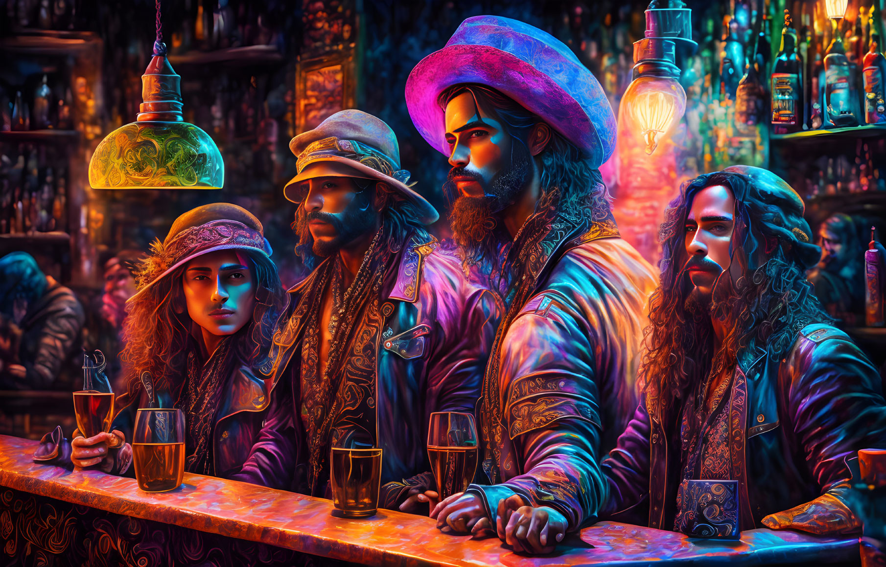 Four People in Stylish Hats at Vibrant Bar with Colorful Lighting