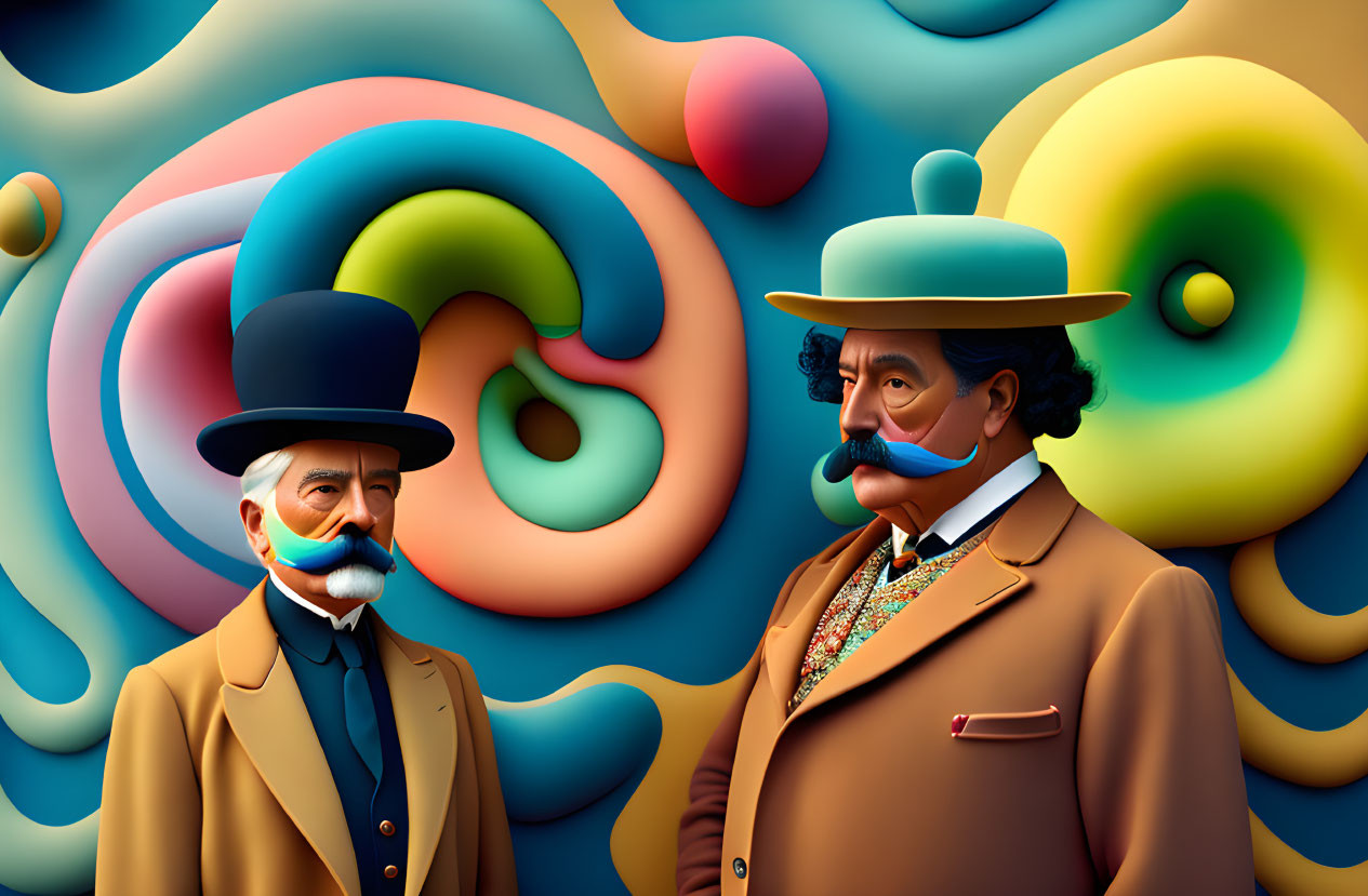 Stylized gentlemen with mustaches and hats against abstract swirling background