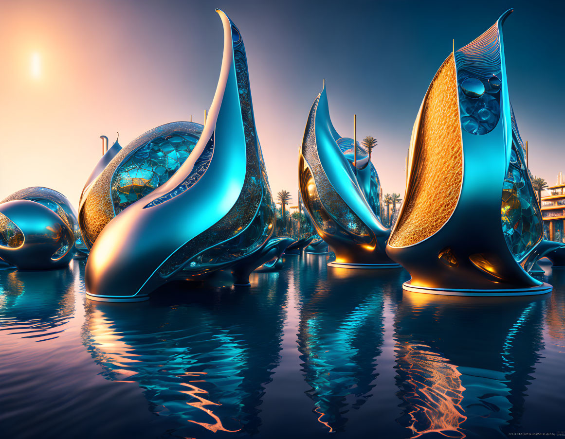 Futuristic cityscape with blue organic structures reflecting in water at sunset