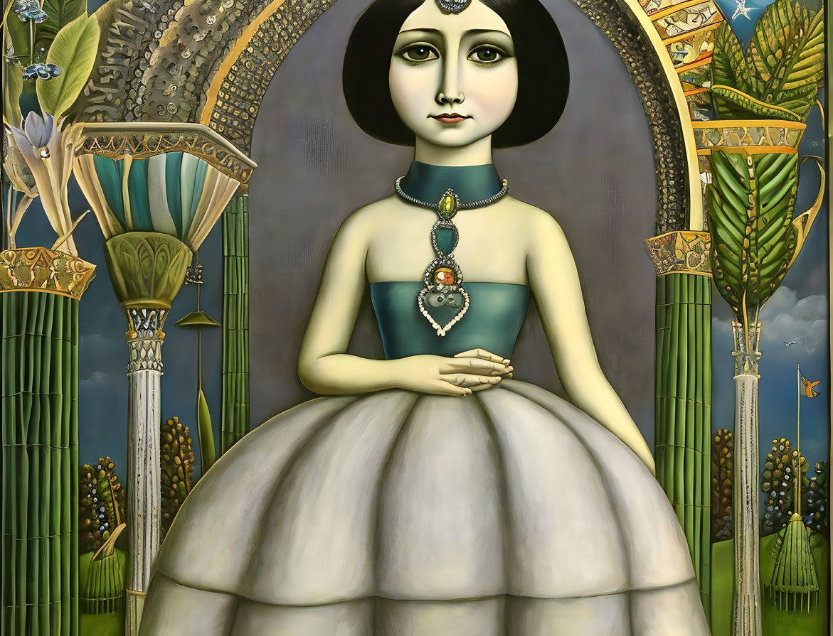 Surreal painting of woman with large eyes and elegant gown