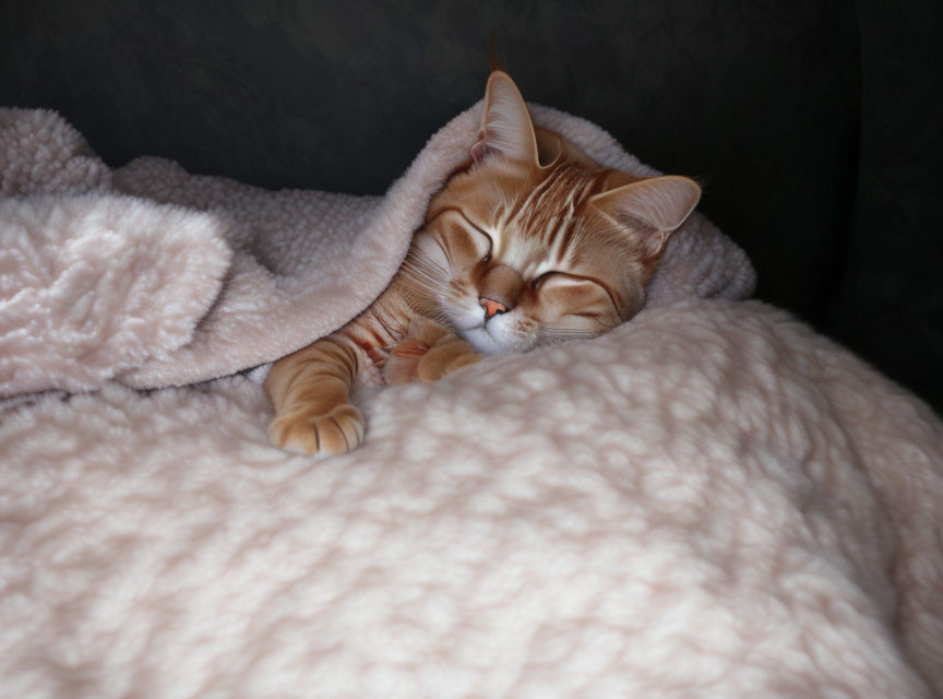 Ginger Cat Sleeping Under Pink Blanket on White Surface