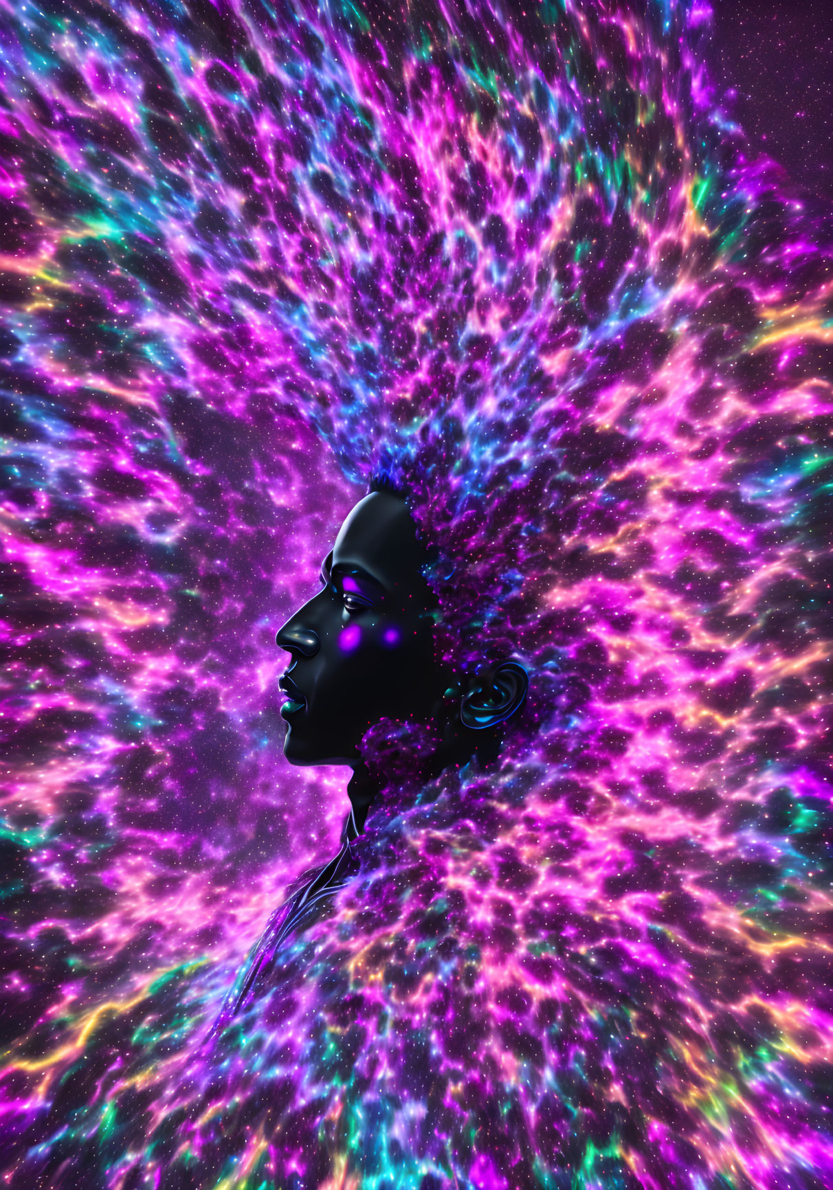 Silhouette profile with cosmic nebula explosion in pink, blue, and violet