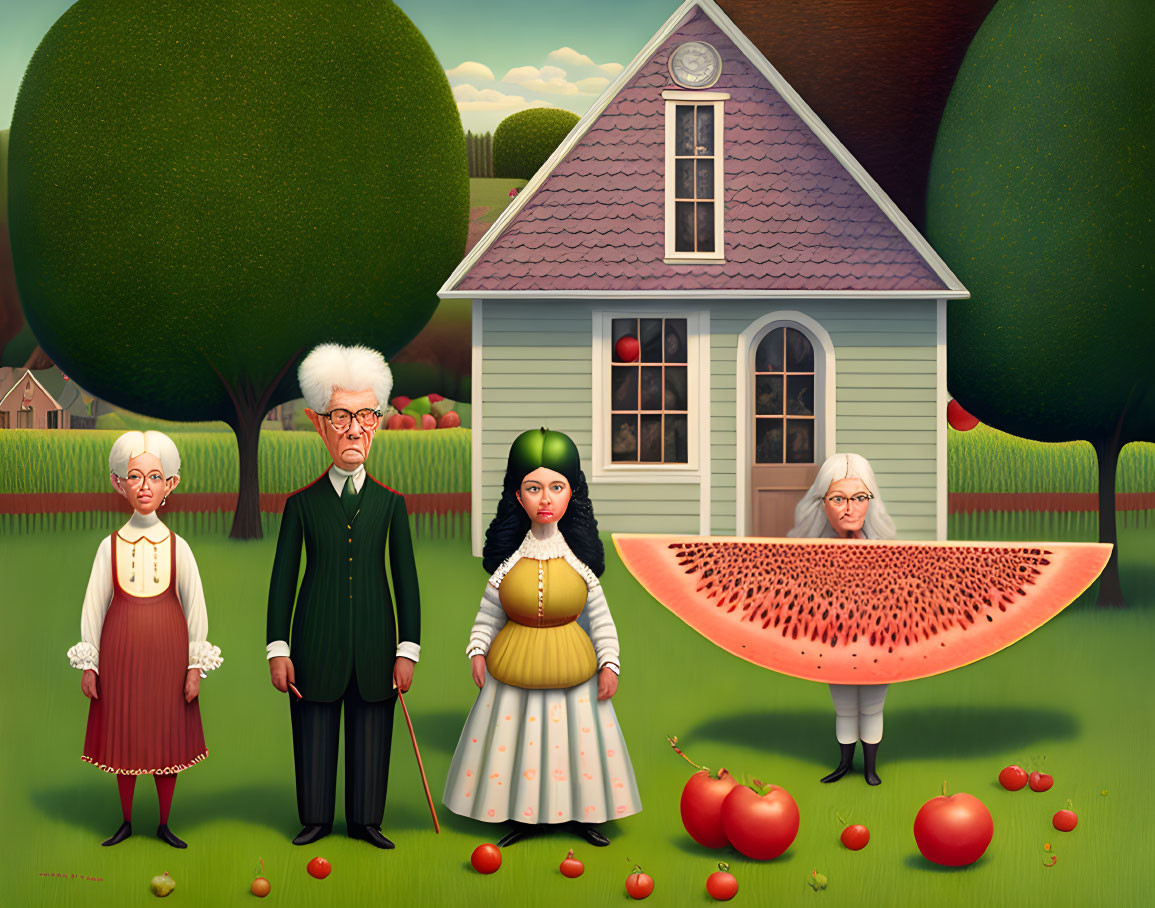 Four people with fruit-shaped heads in surreal illustration near quaint house.