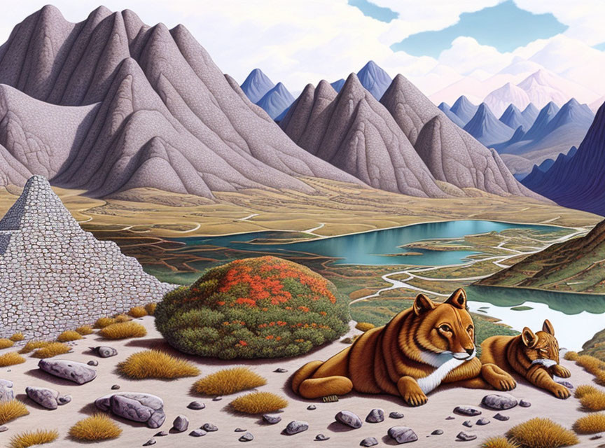 Surreal landscape with tiger-faced mountains, tiger by lake, tiger paw bush, and stone pyramid