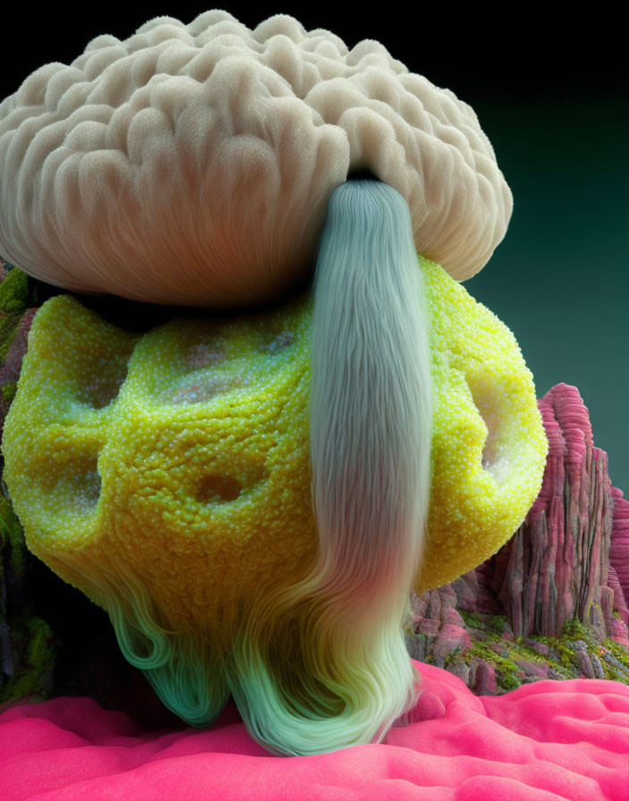 Surreal coral-like structure on textured yellow formation with ombre hair on pink terrain