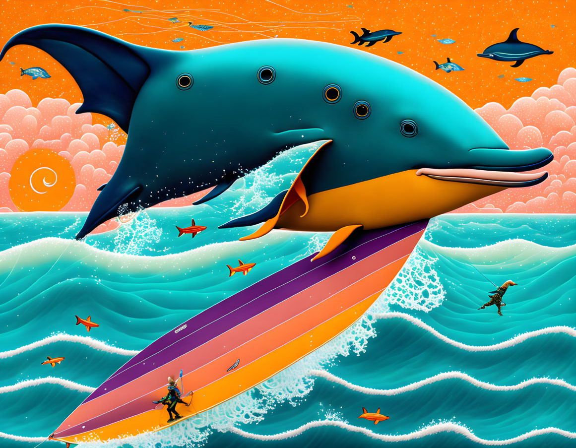 Colorful illustration: Giant blue dolphin leaps over surfers in orange and purple waves