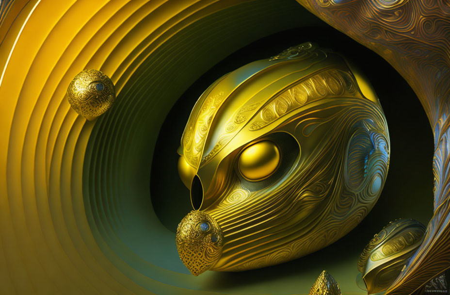 Golden ornate sphere surrounded by swirling tunnel of smaller spheres