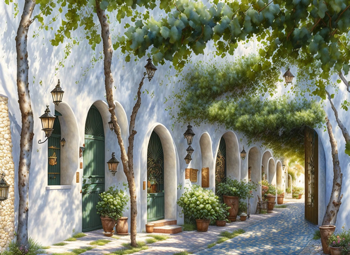 Cobblestone street with white stone walls, arched doorways, lush green vines.