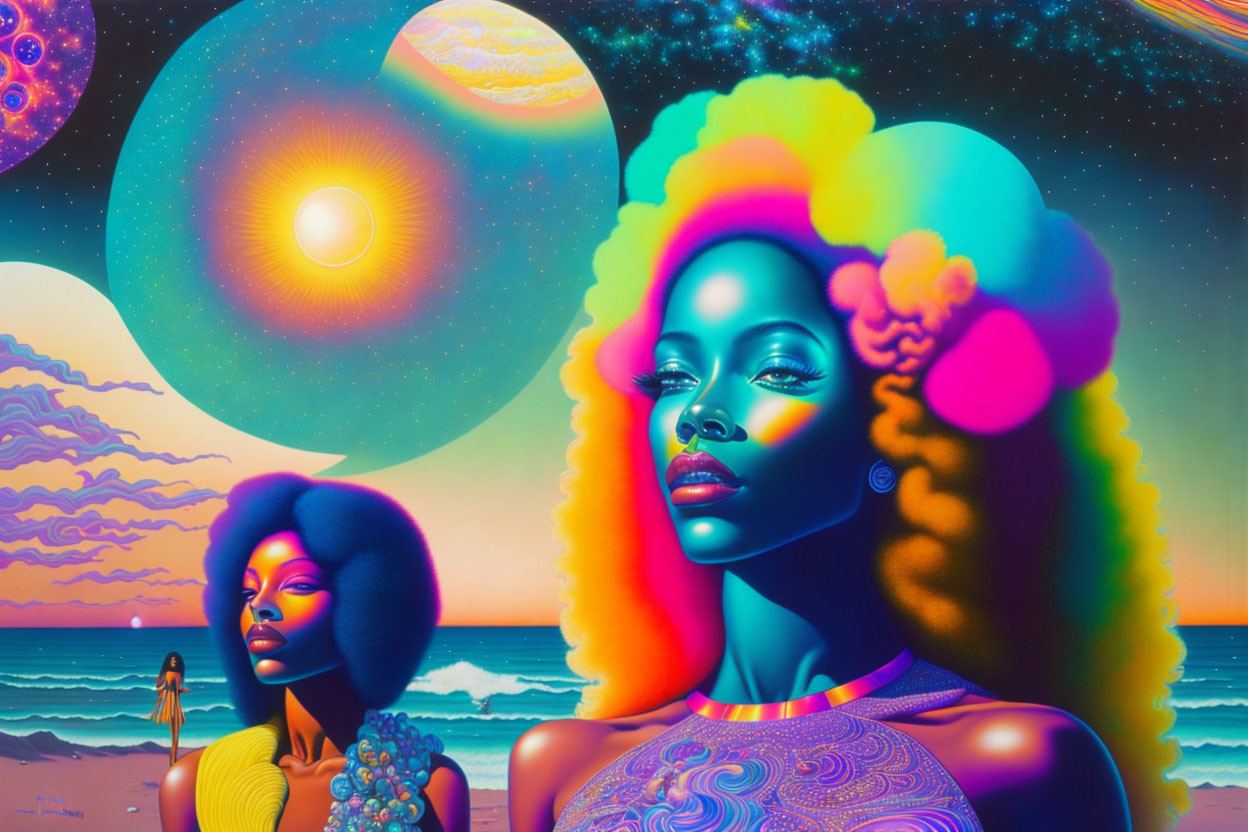 Colorful Psychedelic Artwork: Two Women with Stylized Hair on Beach with Moon and