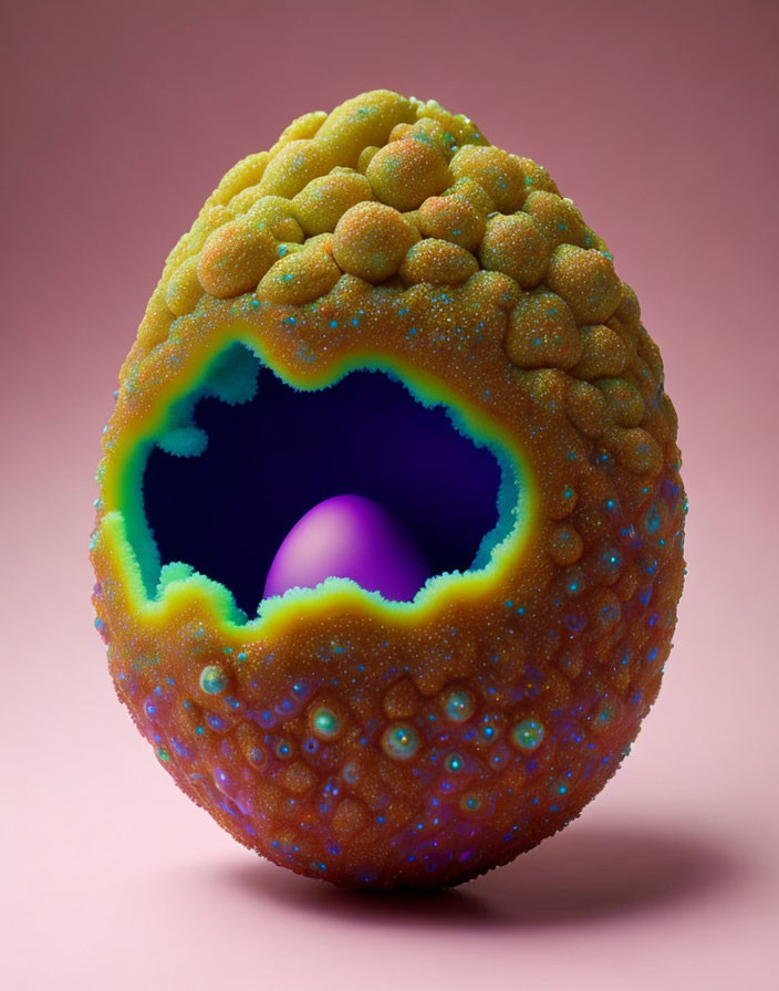 Textured spherical object with craggy opening and purple sphere on pink background