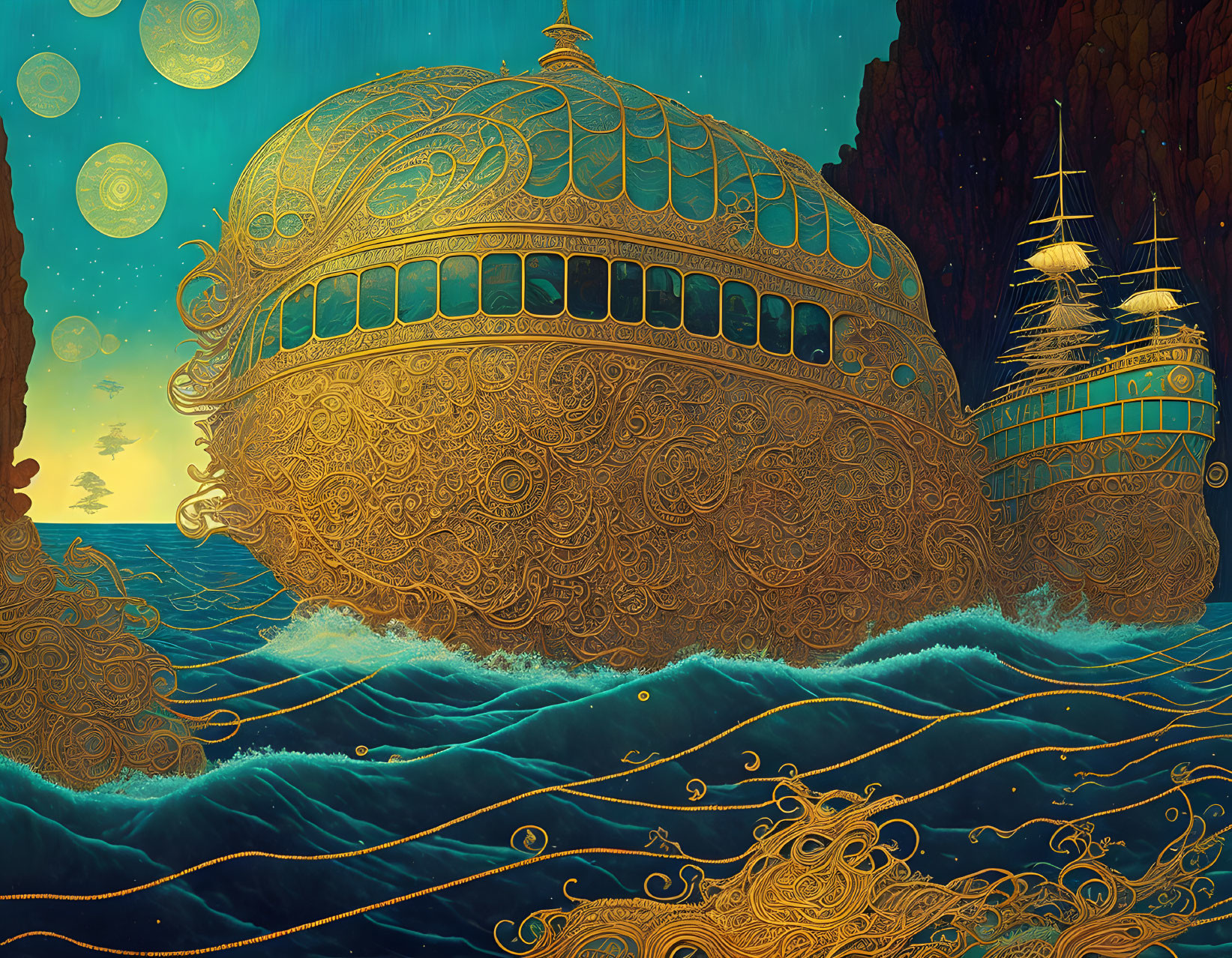 Intricate gold designs on fantastical ships in a cosmic sea