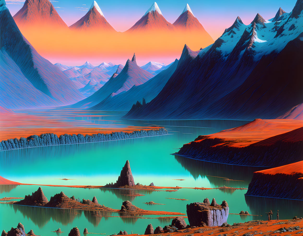 Surreal landscape digital artwork with sharp mountains, turquoise lake, and colorful skies