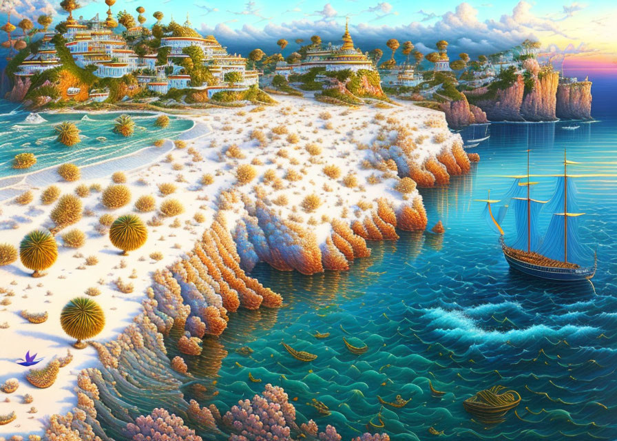 Fantastical landscape featuring cliffs, exotic trees, coral formations, sailing ship, marine life