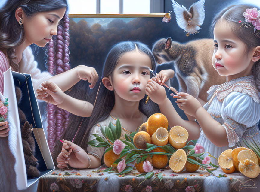 Detailed painting: Three children, fruits, and animals in soft light.