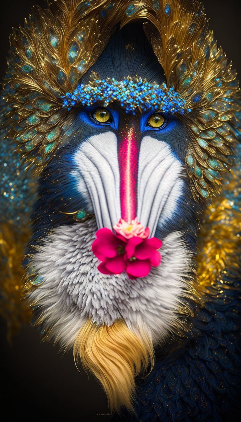 Colorful portrait of person with mandrill-inspired face paint and mythical adornments