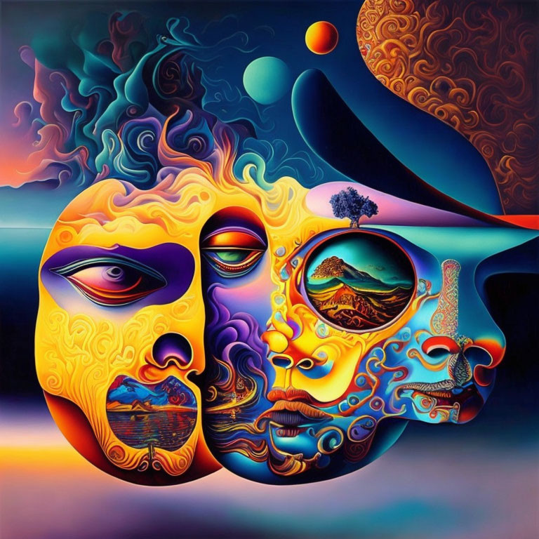 Surrealist painting with interconnected faces and cosmic elements