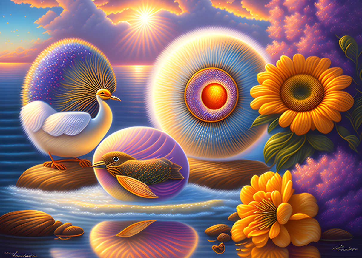 Colorful surreal bird couple art with sun eyes, ocean sunset, flowers, and pebbles.